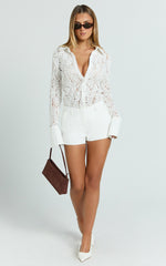 Regina Top - Textured Lace Button Down Shirt in White