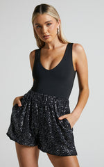 Jacquie Relaxed Shorts - Sequin Shorts in Gunmetal