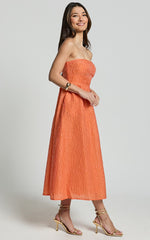 Remy Midi Dress - Strapless Bustier Flare Dress in Orange