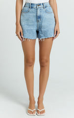 Renee Shorts - High Waisted Frayed Hem Denim Shorts in Light Blue Wash