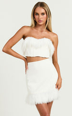 Rhaiza Mini Skirt - Faux Feather Trim High Waisted Skirt in White