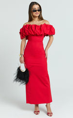 Rhaya Maxi Dress - Ruffle Off Shoulder Fitted Dress in Red