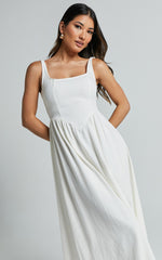 Rhaziya Midi Dress - Sleeveless Straight Neck Fit and Flare Dress in White