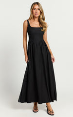 Rhaziya Midi Dress - Sleeveless Straight Neck Fit and Flare Dress in Black
