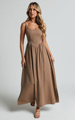 Rhaziya Midi Dress - Sleeveless Straight Neck Fit and Flare Dress in Tobacco