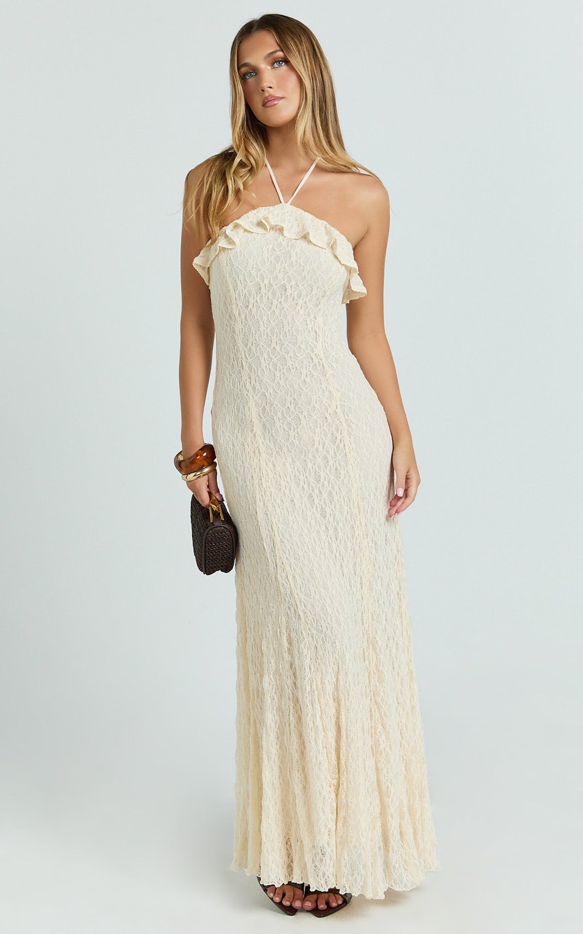 Rhea Maxi Dress - Lace Ruffle Halter A Line Godet Dress in Cream