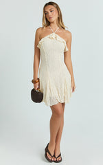 Rhea Mini Dress - Jacquard Ruffle Halter A Line Dress in Cream