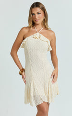 Rhea Mini Dress - Jacquard Ruffle Halter A Line Dress in Cream