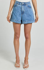 Rhianna Shorts - Mid Waist Recycled Denim Shorts in Mid Blue Wash