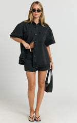 Rhianna Shorts - Mid Waist Recycled Denim Shorts in Washed Black