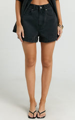 Rhianna Shorts - Mid Waist Recycled Denim Shorts in Washed Black
