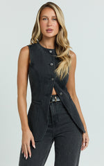 Rhianna Top - Button Down Longline Recycled Denim Vest Top in Black
