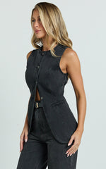 Rhianna Top - Button Down Longline Recycled Denim Vest Top in Black