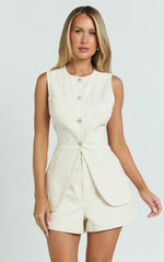 Rhianna Top - Button Down Longline Recycled Denim Vest Top in Ecru