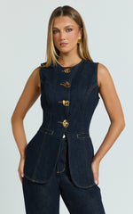 Rhianna Top - Button Down Longline Recycled Denim Vest Top in Raw Denim