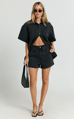 Rhianna Top - Oversized Recycled Denim Short Sleeve Shirt in Washed Black