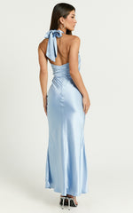 Rhianne Midi Dress - Twist Halter Neck Open Back Satin Dress in Light Blue