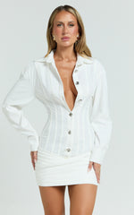 Rhylee Mini Dress - Collared Button Front Bodycon Shirt Dress in White