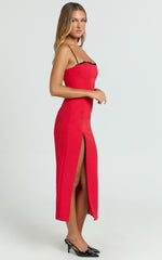 Richelle Midi Dress - Strappy Contrast Lace Straight Neck Fitted Side Leg Split Dress in Red