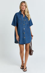 Richelle Mini Dress - Short Sleeve Denim Shirt Dress in Mid Blue