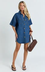 Richelle Mini Dress - Short Sleeve Denim Shirt Dress in Mid Blue