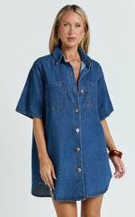 Richelle Mini Dress - Short Sleeve Denim Shirt Dress in Mid Blue