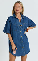 Richelle Mini Dress - Short Sleeve Denim Shirt Dress in Mid Blue