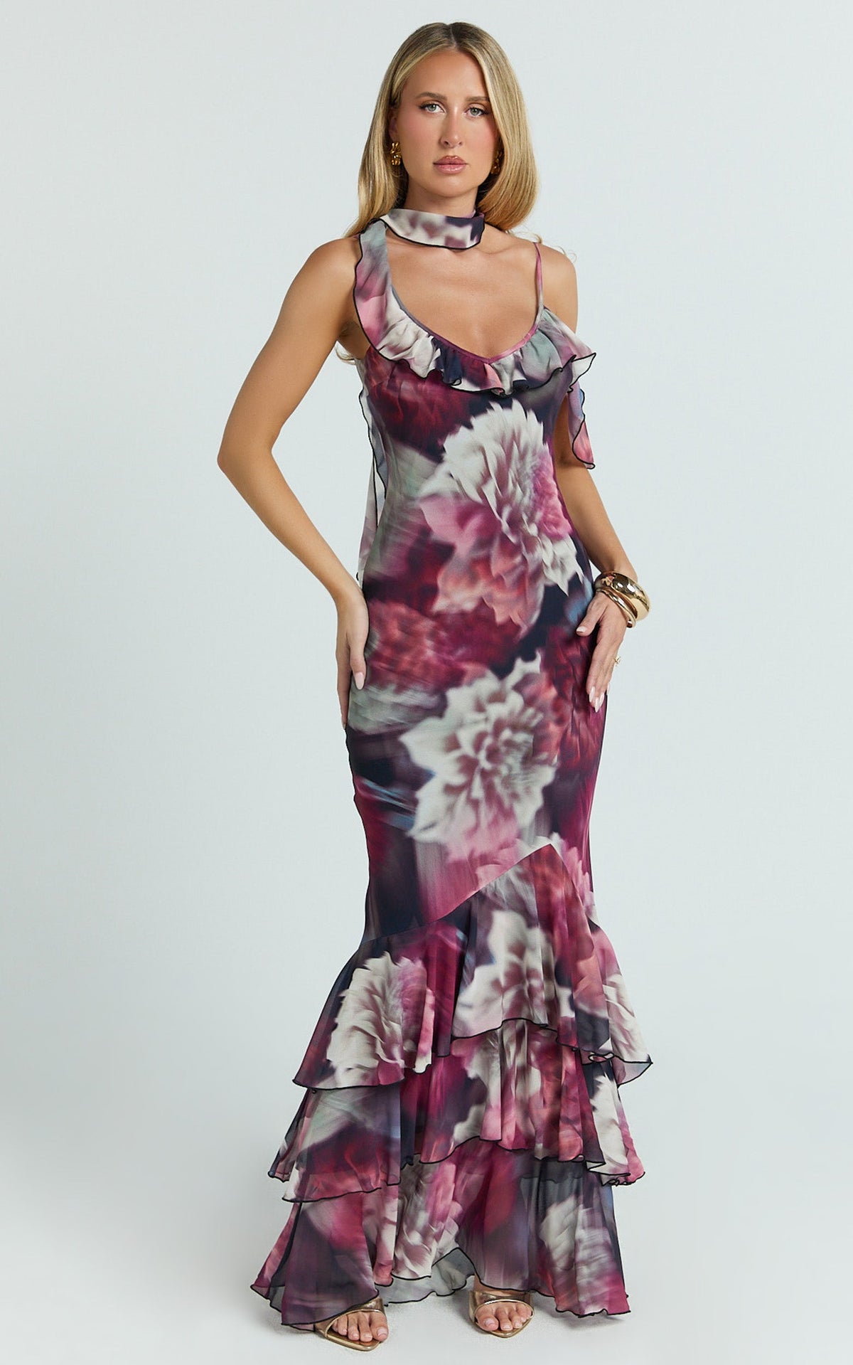 Riley Maxi Dress - Asymmetric Ruffle Detail Maxi Dress in Mariache Rose