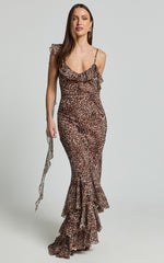 Riley Maxi Dress - Asymmetric Ruffle Detail Maxi Dress in Tonal Leopard