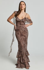 Riley Maxi Dress - Asymmetric Ruffle Detail Maxi Dress in Tonal Leopard