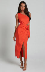 Rina Midi Dress - One Shoulder Side Cut Out Wrap Dress in Orange