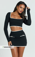 Riri Top - Long Sleeve Square Neck Recycled Knit  Top in Black