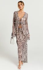 Rita Top - Georgette Tie Front Flared Sleeve Top in Abstract Zebra Print
