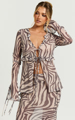 Rita Top - Georgette Tie Front Flared Sleeve Top in Abstract Zebra Print