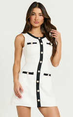 River Mini Dress - Boucle Button Through A Line Dress with Hardware Detail in White