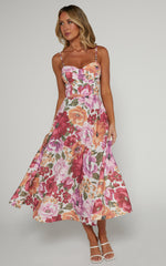 Robertson Midi Dress - Strappy Sweetheart Bustier Flare Dress in Spring Floral