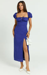 Robin Midi Linen Blend Dress - Puff Sleeve High Split Dress in Navy