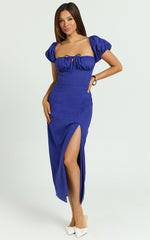 Robin Midi Linen Blend Dress - Puff Sleeve High Split Dress in Navy
