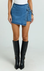 Ronnie Skort - Mid Waist Lace Up Denim Skort in Dark Blue Wash