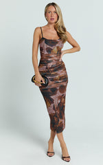 Rosalez Midi Dress - Strappy Ruched Bodycon Dress in Ember Floral