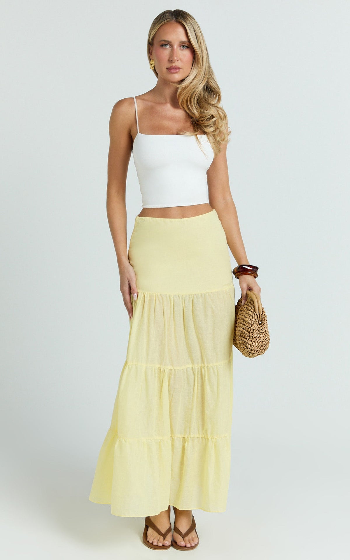 Rosalie Maxi Skirt - High Waist Tiered Maxi Skirt in Pastel Yellow