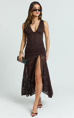 Rosanna Maxi Dress - Plunge Lace Fit And Flare Dress in Chocolate