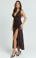 Rosanna Maxi Dress - Plunge Lace Fit And Flare Dress in Chocolate