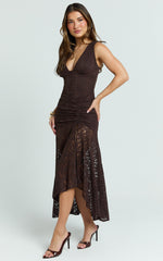 Rosanna Maxi Dress - Plunge Lace Fit And Flare Dress in Chocolate