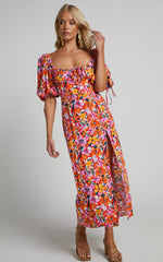 Rosario Midi Dress - Ruched Bust Puff Sleeve Dress in Spring Floral