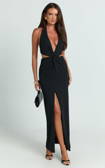 Rose Maxi Dress - Plunge Halter Front Split Dress in Black