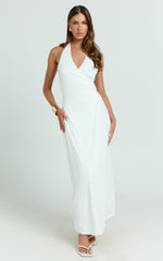Roseville Maxi - Wrap Front Halter Dress with Hardware Detail in White