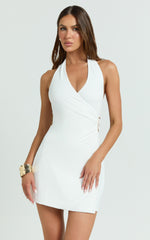 Roseville Mini Dress - Wrap Front Halter Dress with Hardware Detail in White