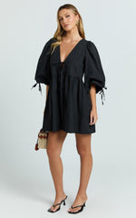 Rosita Mini Dress - Tie Front Puff Sleeve Dress in Black