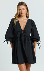 Rosita Mini Dress - Tie Front Puff Sleeve Dress in Black
